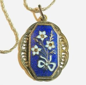 Vintage necklace enamel flower bouquet sterling silver 925 floral blue